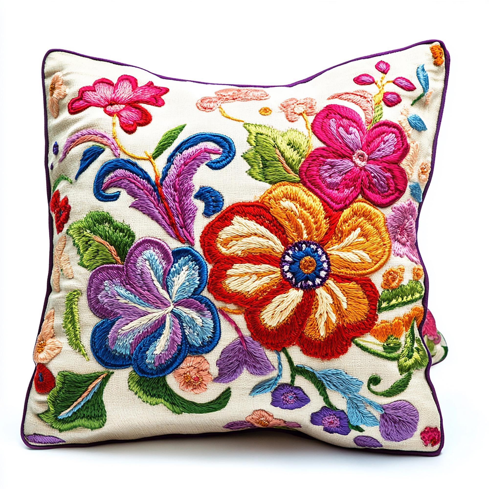 Cuscino ricamato con fiori stilizzati